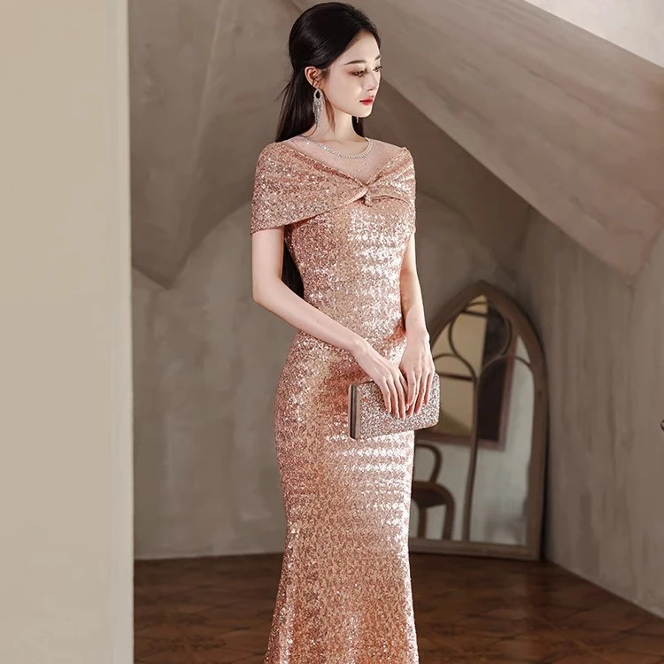 亮片新款金色鱼尾晚礼服女精美亮片重工气质优雅宴会主持人订婚裙