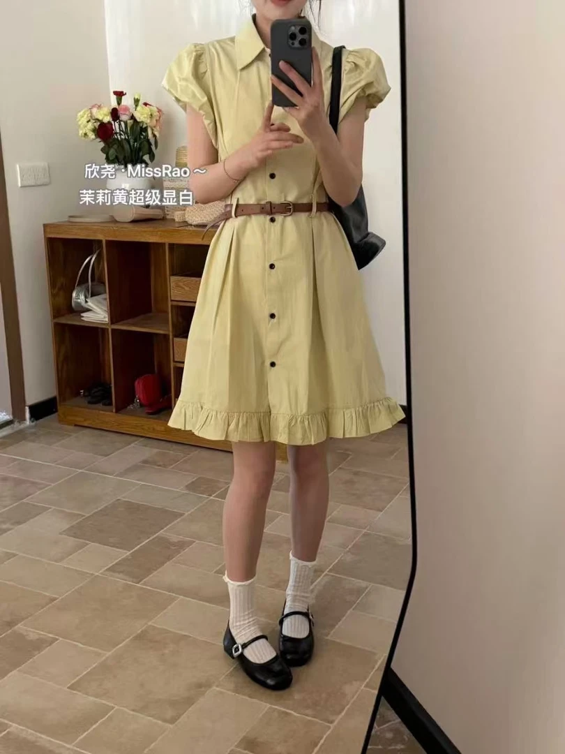 夏季文艺风飞袖短袖连衣裙高腰学院风百褶韩版收腰