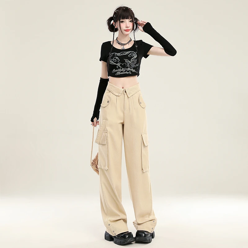 1673美式翻边高腰工装牛仔裤女秋冬新款加绒休闲显瘦窄版阔腿裤