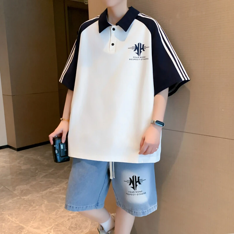 夏季青少年休闲运动套装潮流百搭短袖POLO衫小众时尚短袖T恤