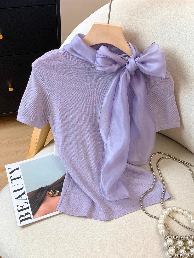 紫色法式蝴蝶结飘带领系带短袖针织衫夏新款超好看独特漂亮I1-36