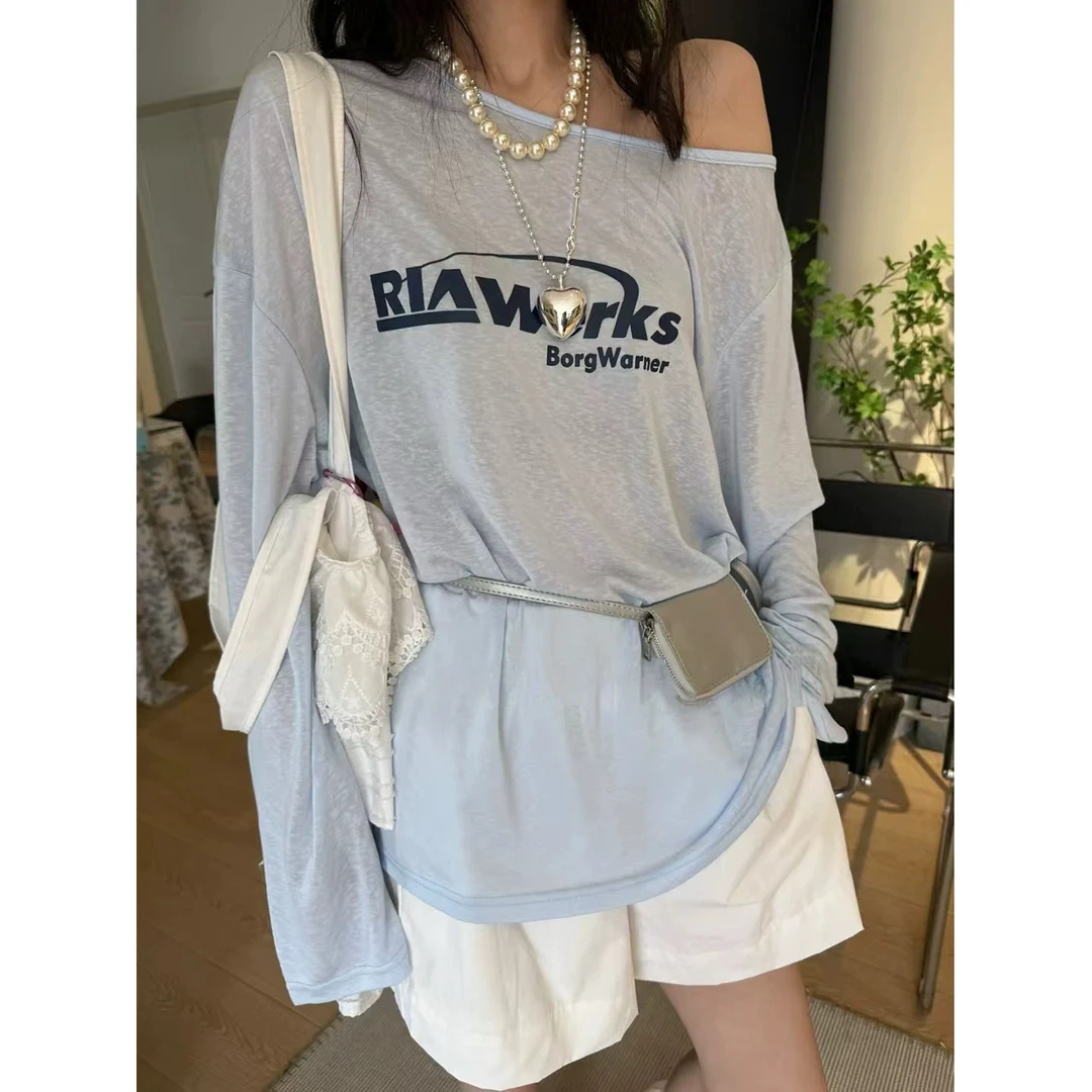 【3】-【海盐芝士】夏季新款时尚印花字母斜领露肩衫上衣女长袖T恤