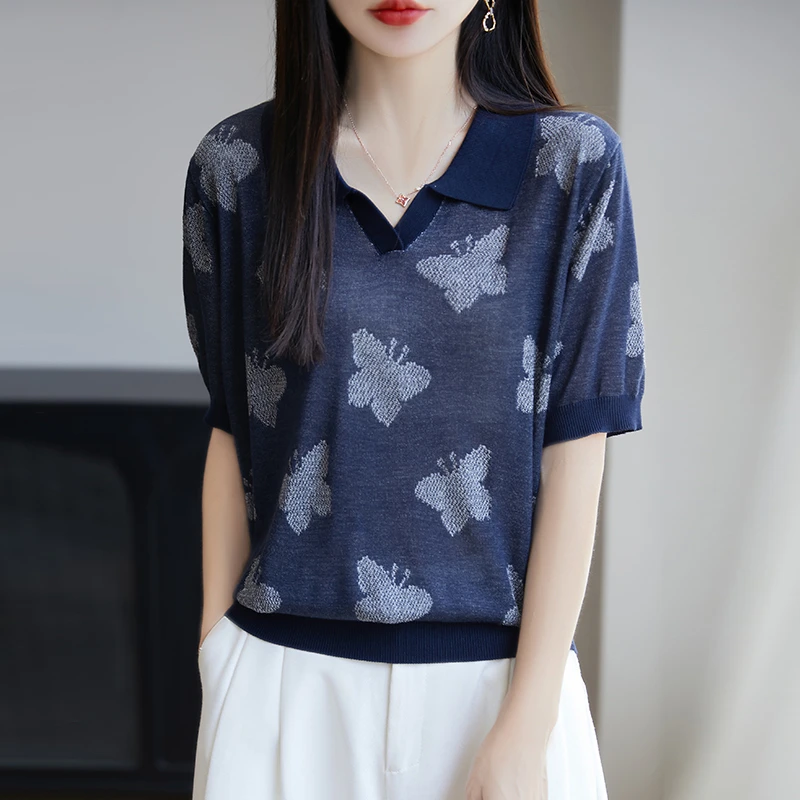 品牌女装夏季新款蝴蝶提花翻领短袖针织衫T恤百搭气质薄款上衣