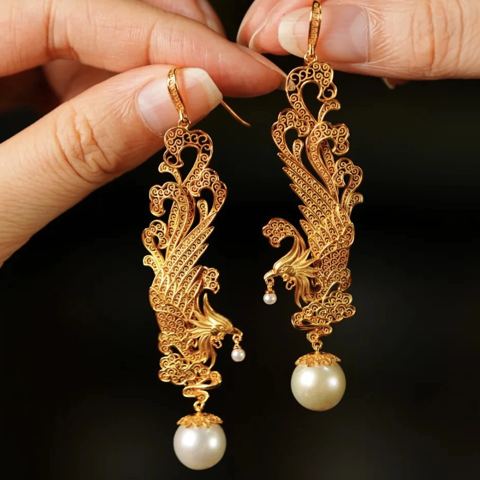 925银耳饰 [有凤来仪]s925银款凤凰耳坠金色耳环长款百搭民族风