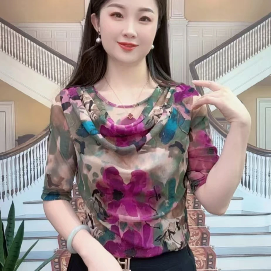 宽松女士大码修身型T恤中袖夏季堆堆领防晒标准型066