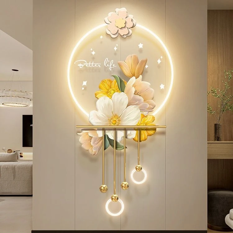 奶油风入户花朵玄关装饰画带灯发光走廊尽头挂画立体吊坠高档壁画