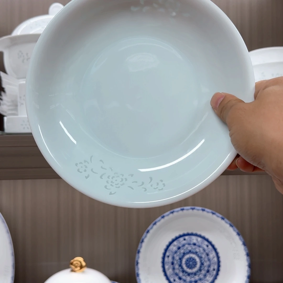 青瓷青釉玉牡丹8寸深盘6个