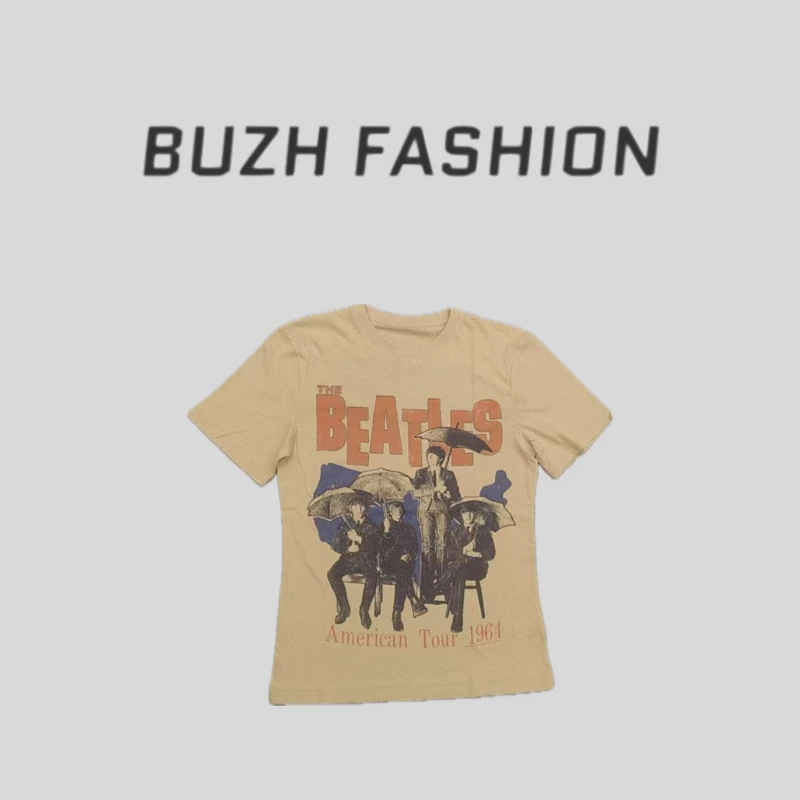BUZH夏季新款潮流披头士乐队vintage摇滚美式复古直喷T恤