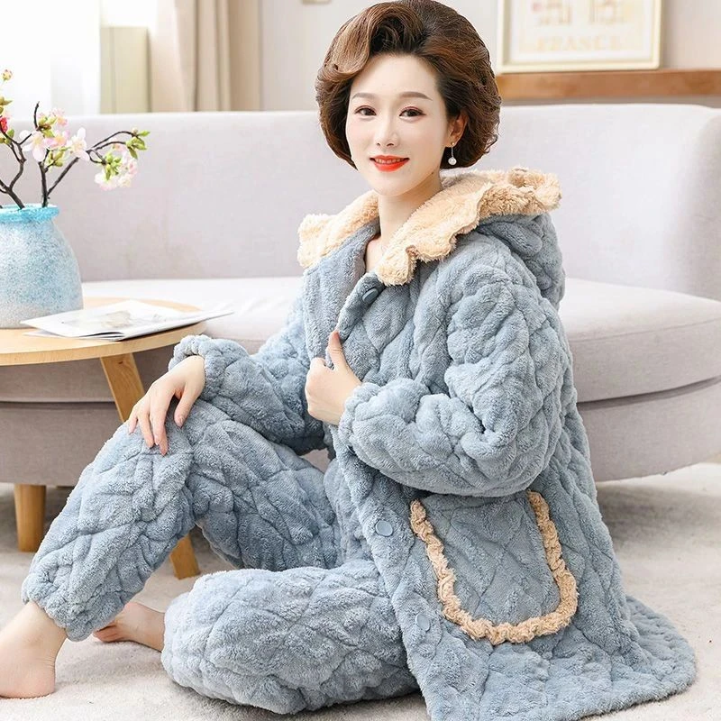 元族中老年妈妈睡衣女冬季三层加厚珊瑚绒夹棉加绒冬天老人家居服