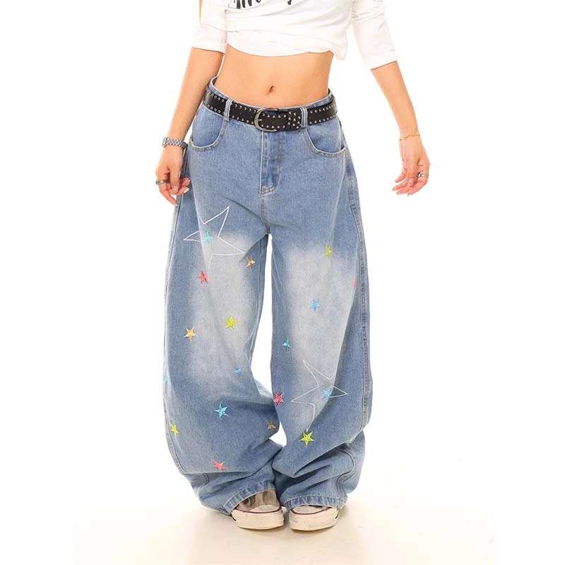 美式复古星星刺绣弯刀牛仔裤男女2025新款夏季宽松休闲阔腿裤长裤