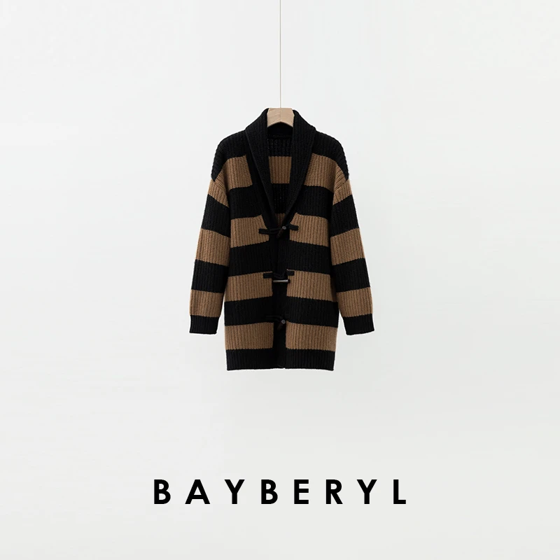 BAYBERYL老贝max牛角扣高克拼色条纹25秋针织开衫9ZZS5H2022-8/21