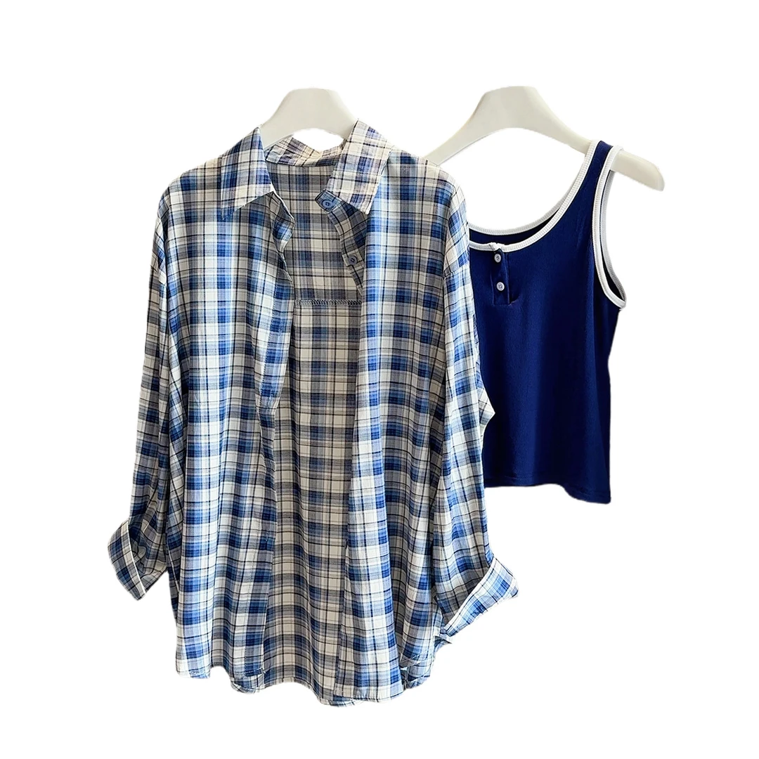 衬衫宽松格子休闲百搭两件套吊带女+新款衬衣秋季潮长袖日系复古