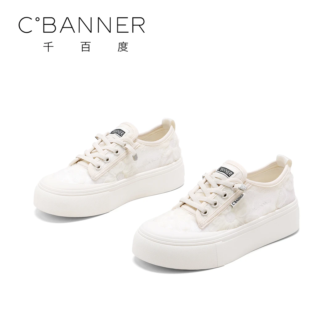 C.BANNER/千百度时尚休闲鞋女2025新款百搭网面透气厚底休闲板鞋