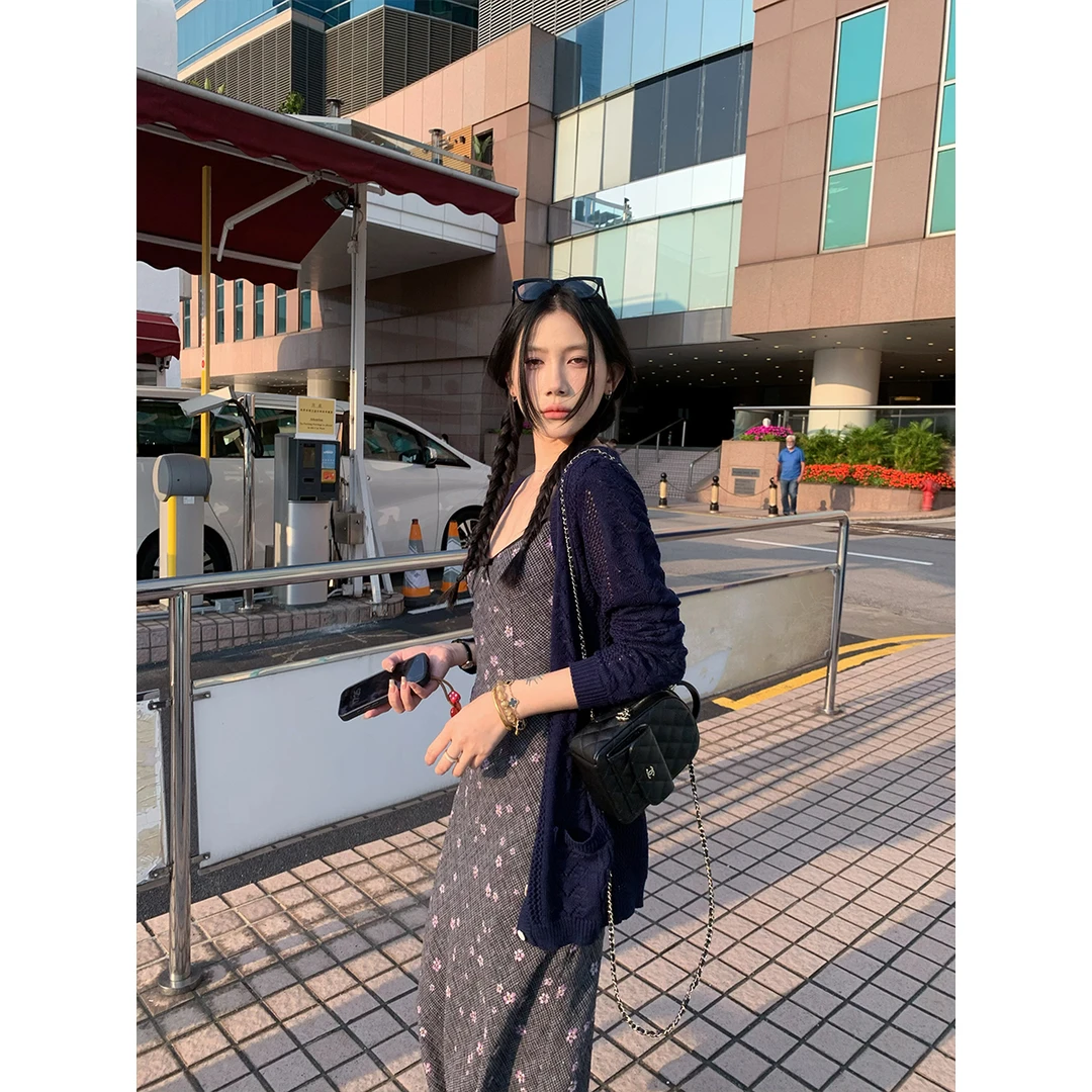 70不是七十【行走缪斯】夏季梭织格子紫色小花掐腰显瘦吊带连衣裙