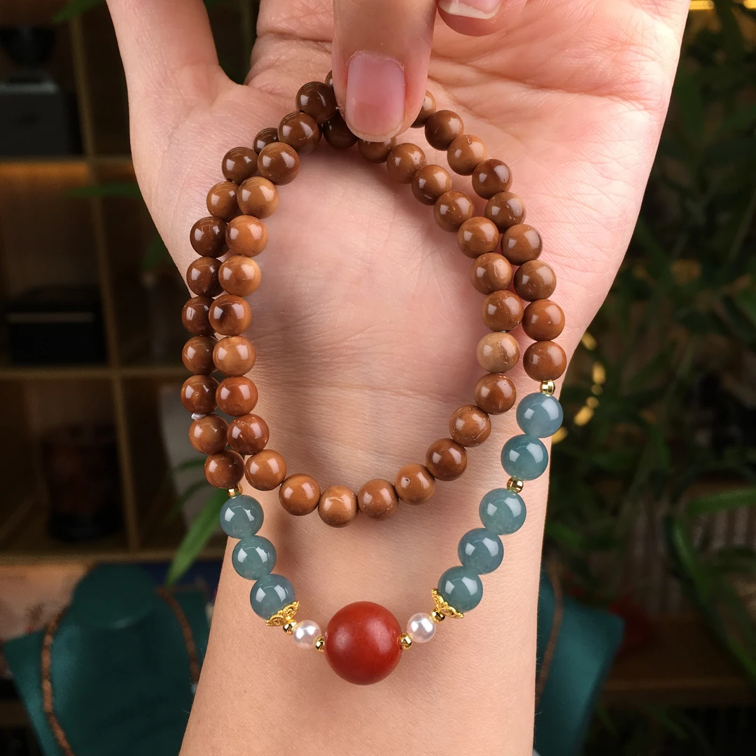 【精选库克手串6mm双圈】天然蓝水翡翠女款红玛瑙文玩手串女款串珠