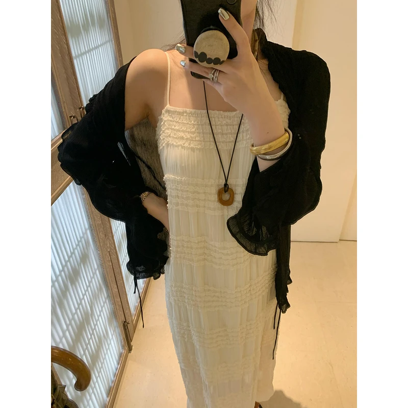 【3折断码 闭店福利】吊带连衣裙度假风木耳边灯笼裙压褶一字领长裙