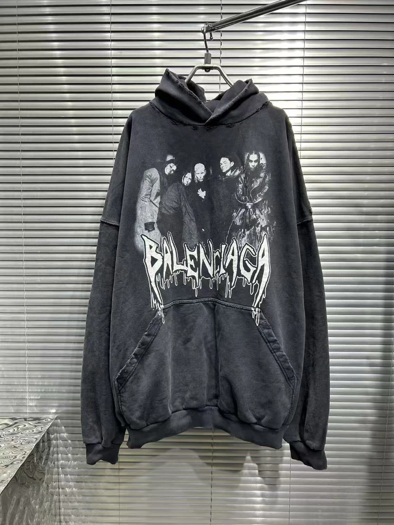 未使用 Balenciaga/巴黎世家 黑灰乐队人像做旧破坏帽衫 s码