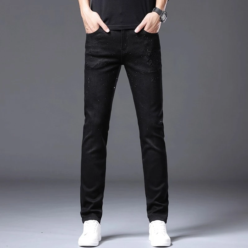 Cebrodz黑色烫钻牛仔裤男款潮牌春秋新款男士弹力修身小脚长裤