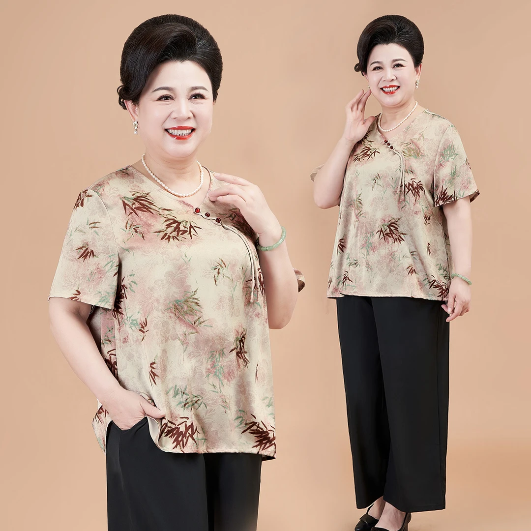夏季新中式V领盘扣拼接款印花上衣洋气母亲衣服宽松气质T恤小衫女