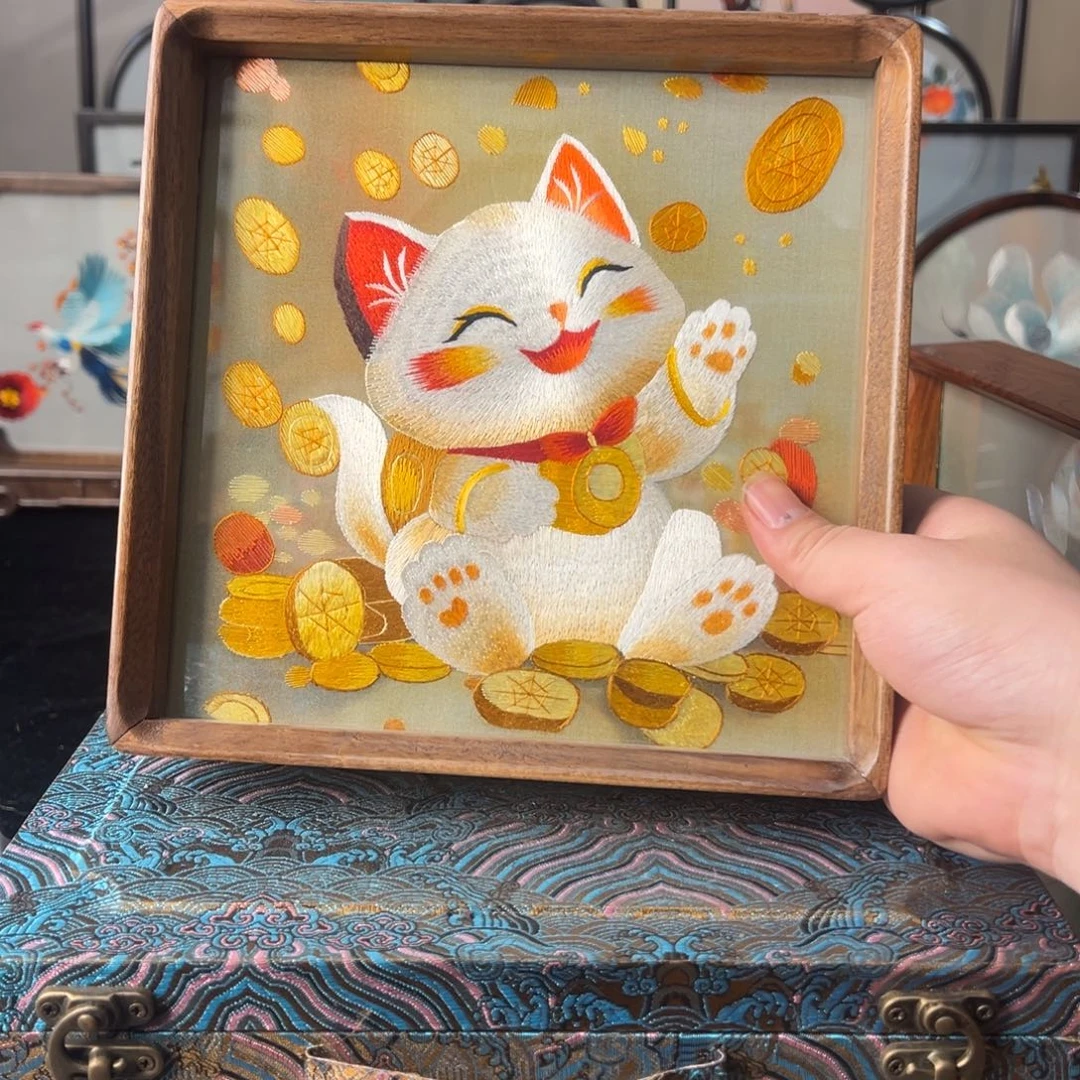 刺绣纯手工刺绣双面绣实木摆件