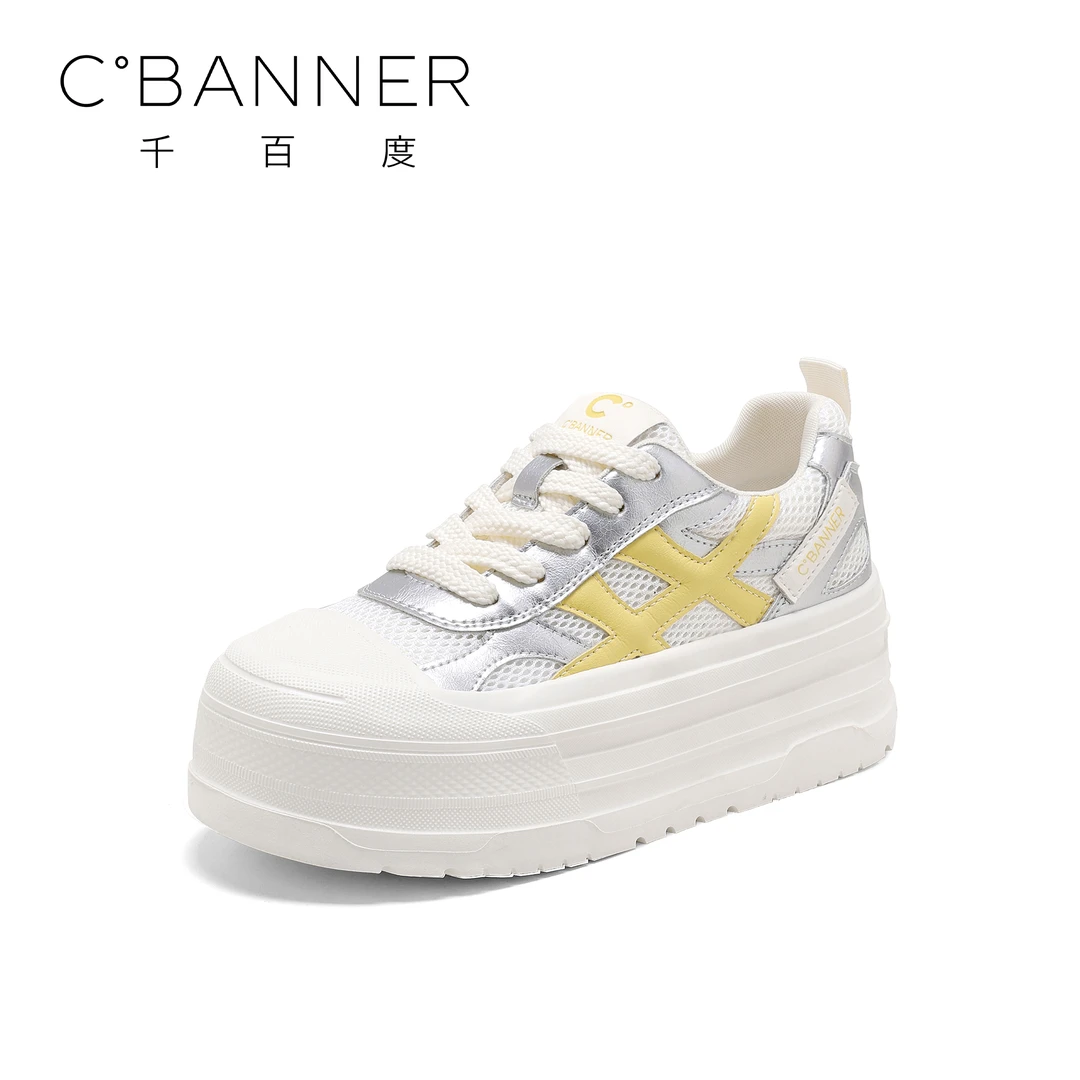 C.BANNER/千百度厚底增高休闲鞋2025新款透气运动拼色休闲小白鞋