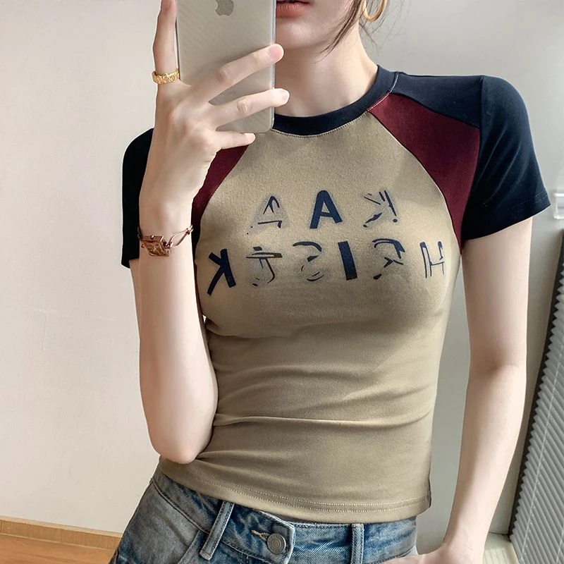 纯欲慵懒风女装拼色圆领短袖T恤女2025春季新款设计感小众别致掐