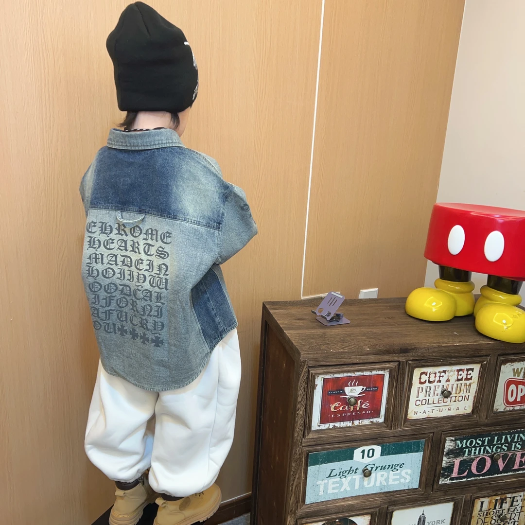 现货令佳童装儿童新款水洗百搭柔软韩版字母牛仔衬衫224中大童