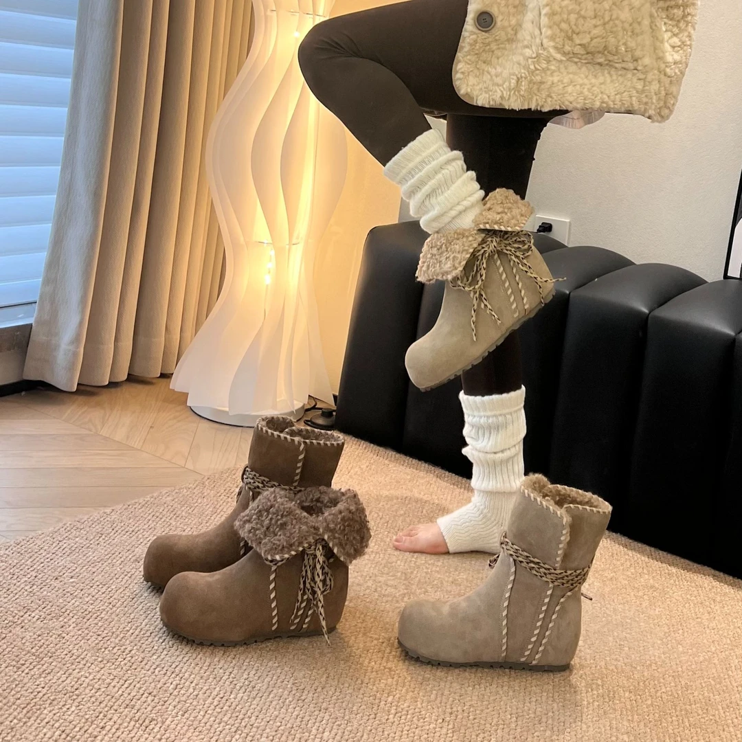 7厘米隐形增高两穿毛毛雪地靴女2025冬绑带蝴蝶结加绒小个子棉靴