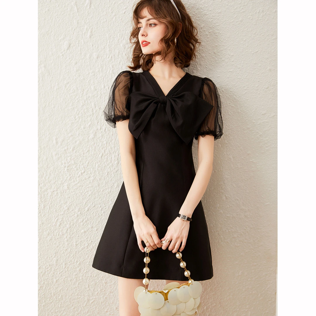 【商场同款新品】白鹿语气质V领网纱泡泡袖连衣裙ZYU10069