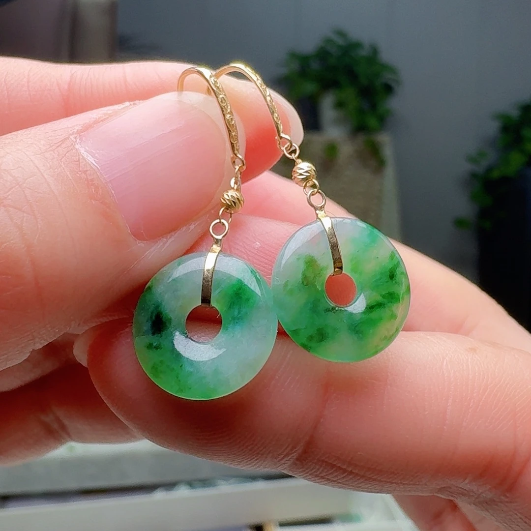 翡翠18K金镶嵌耳饰天然