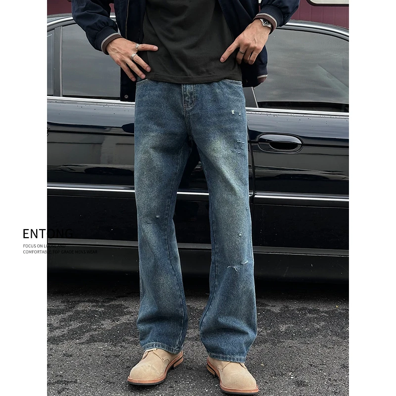 Entong美式水洗微喇牛仔裤男款破洞痞帅宽松休闲裤子秋季新款长裤