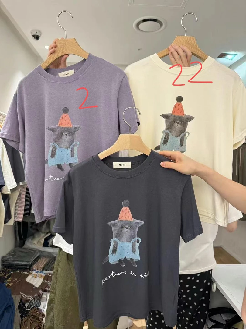 배추❤️泡菜国M戴帽子的小猫卡通短袖T恤 宽松弹力No退换