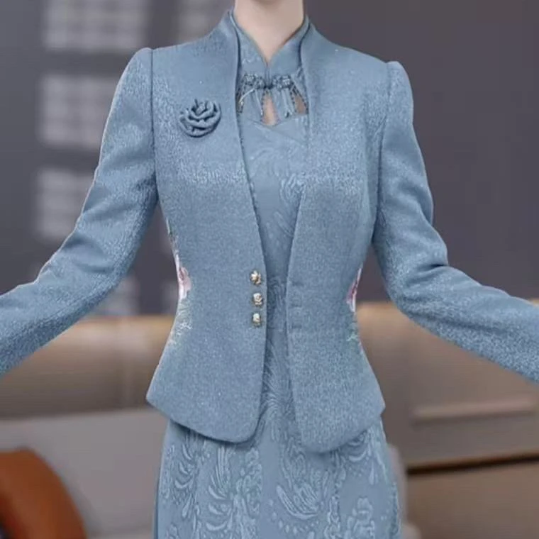 精纺新中式改良旗袍裙套装2025秋季新款古风端庄显瘦两件套连衣裙