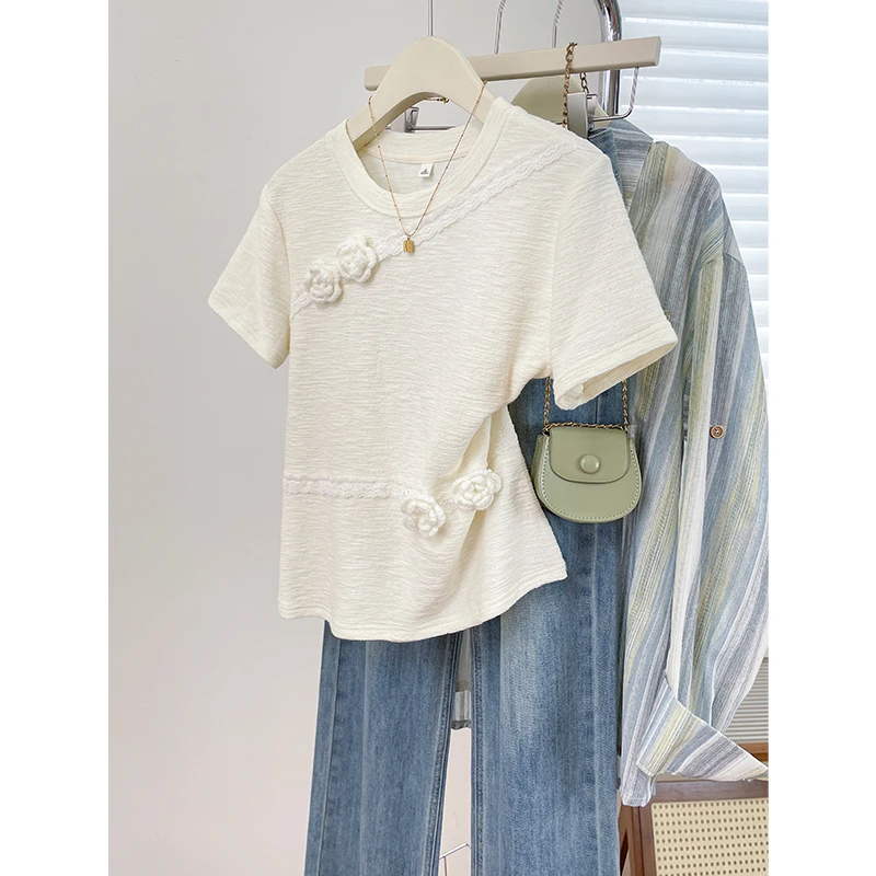 设计感重工花朵蕾丝短袖韩系风温柔气质洋气上衣chic别致T恤衫夏