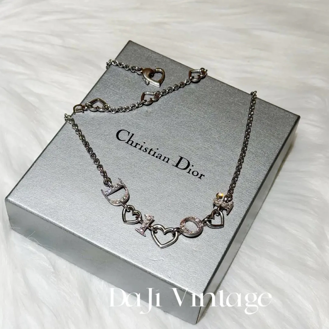95新 DIOR/迪奥 大吉中古2/Dior迪奥银色logo爱心镶钻项链