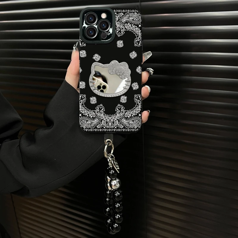 适用苹果oppo华为vivo小米复古花纹Kitty猫镜子ins风时尚手机壳女