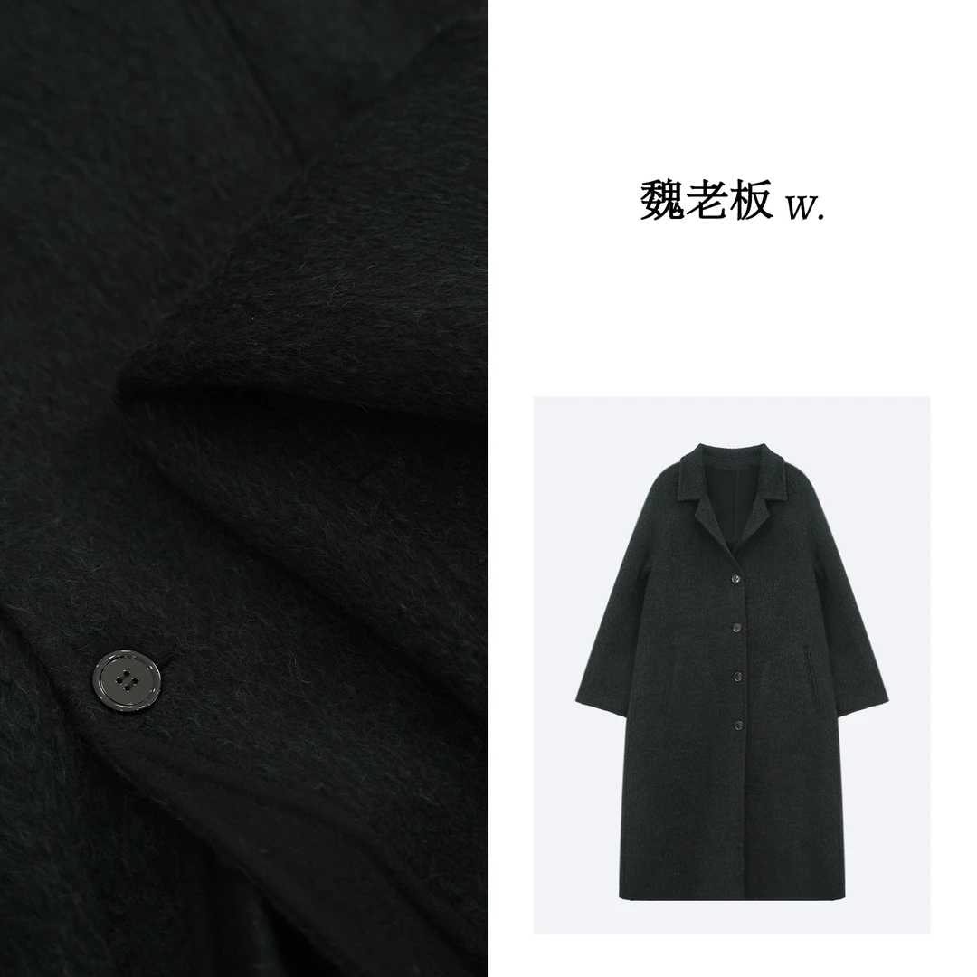 W.Diva【昆仑山】苏丽羊驼毛绵羊毛翻领排扣长款大衣4C274Z120