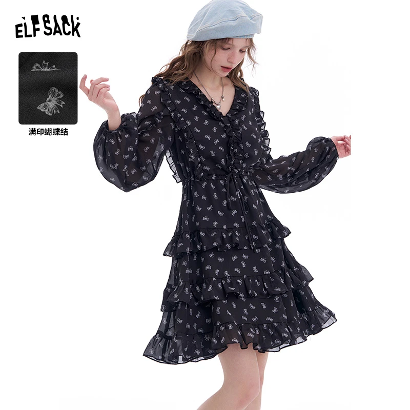 妖精的口袋夜玫瑰舞会蝴蝶结满印法式V领连衣裙2025早春25400027