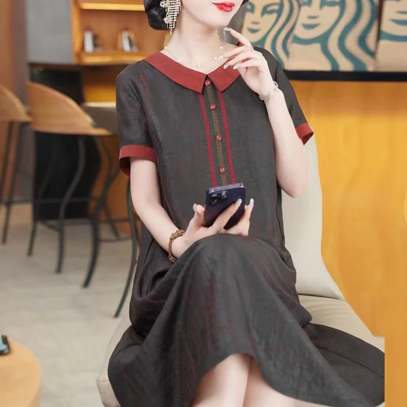 夏季新款2025大牌香云纱桑蚕丝裙子高贵复古真丝过膝连衣裙女