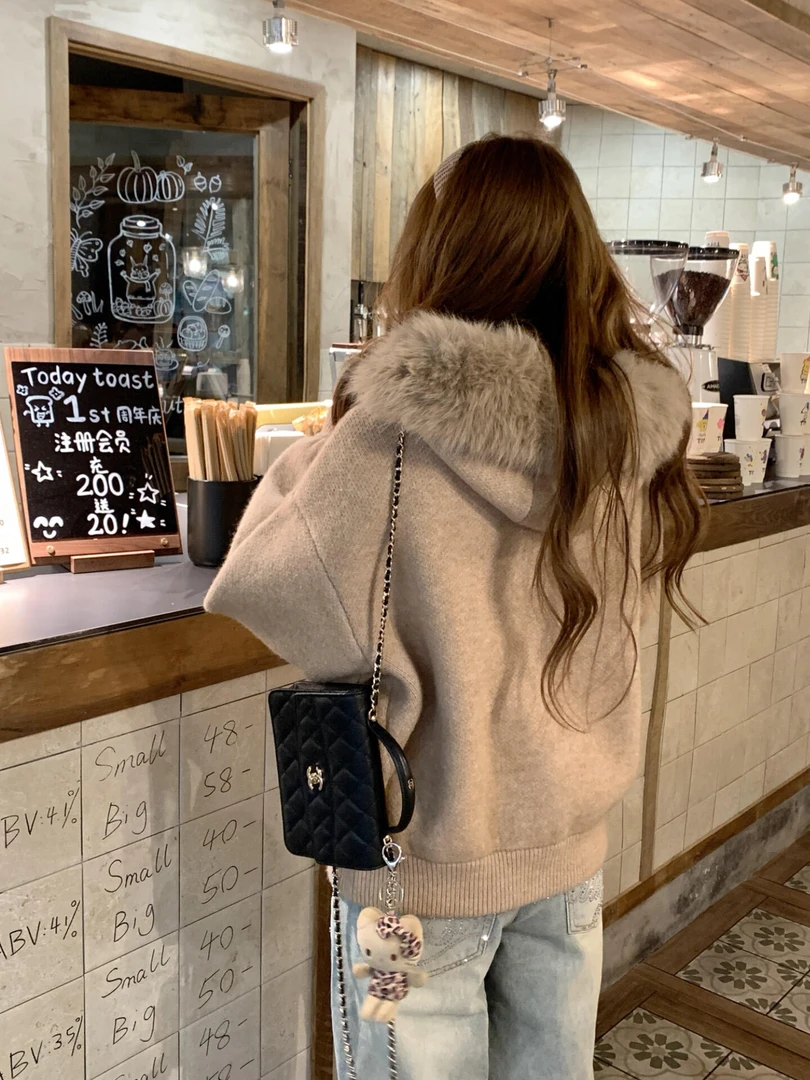 韩系高级感大毛领连帽针织开衫毛衣女秋冬宽松外传慵懒风外套上衣