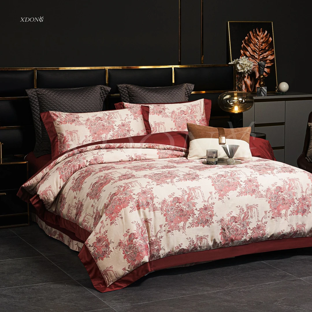 XDONGY（冬云家纺高奢200*230星级贡缎洞庭花海红色高端时尚四件套