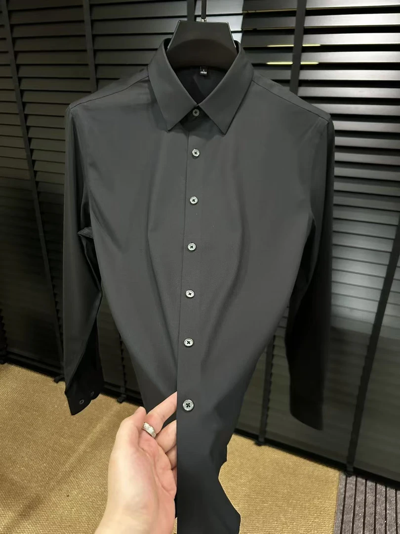 男士新款长袖翻领衬衣简约百搭衬衫黑色男款