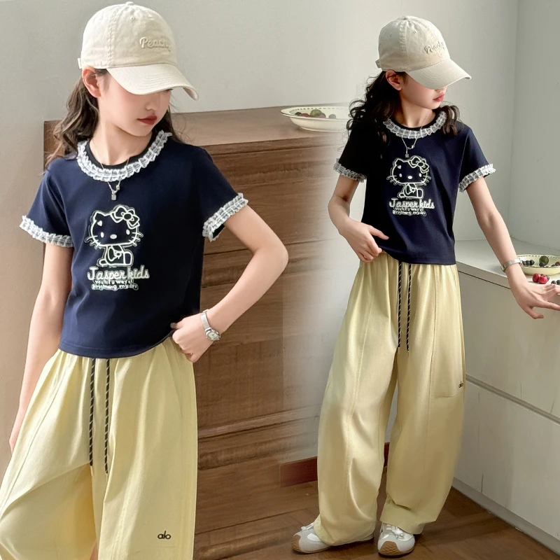 女童短袖T恤夏装2025新款洋气大童女孩半袖儿童夏季花边纯棉上衣