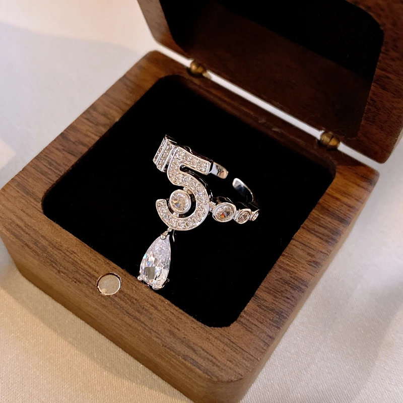 FM韩式微镶数字5水滴开口戒指 小众设计感食指戒个性冷淡风手饰