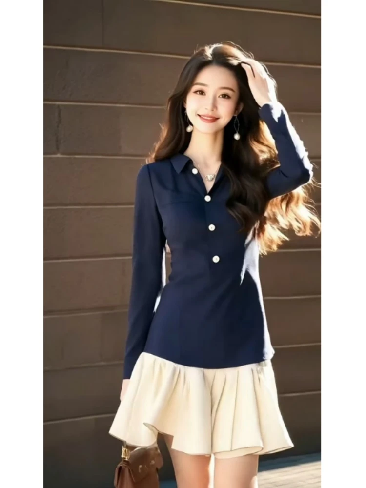 高级感轻奢富家千金拼接撞色鱼尾裙春夏季新款收腰绝美衬衫连衣裙