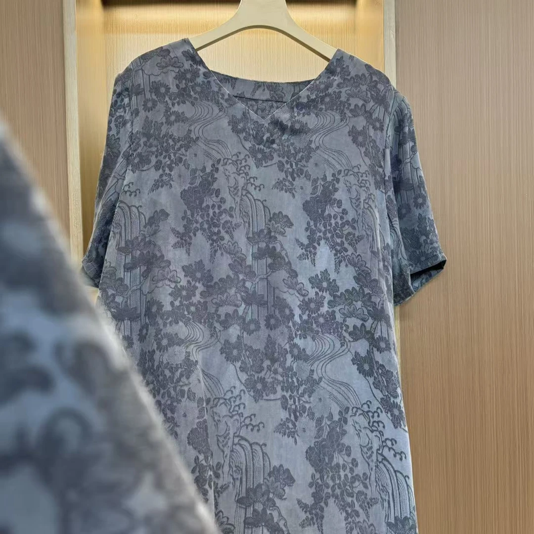 【烟蓝】短袖半袖印花高腰H型百搭女士中国风春夏秋连衣裙