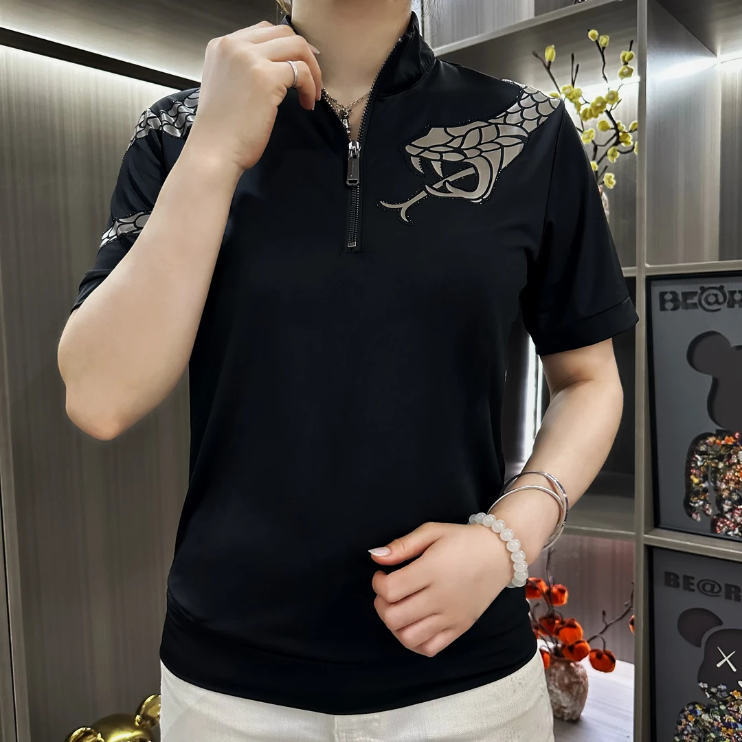 2025男士轻奢时尚休闲夏季半袖修身立领POLO衫半拉链潮流帅气F650