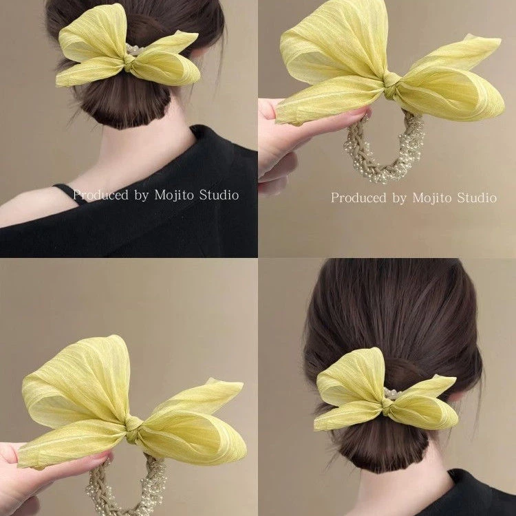 落日画廊~网纱蝴蝶结珍珠发圈头饰韩国后脑勺气质马尾头绳盘发器