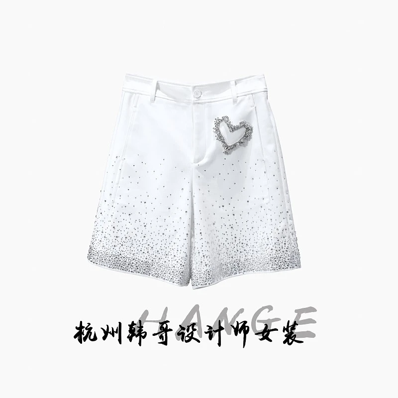 【韩哥女装】2025夏季设计师月光白烫钻时尚A字高腰短裤9166
