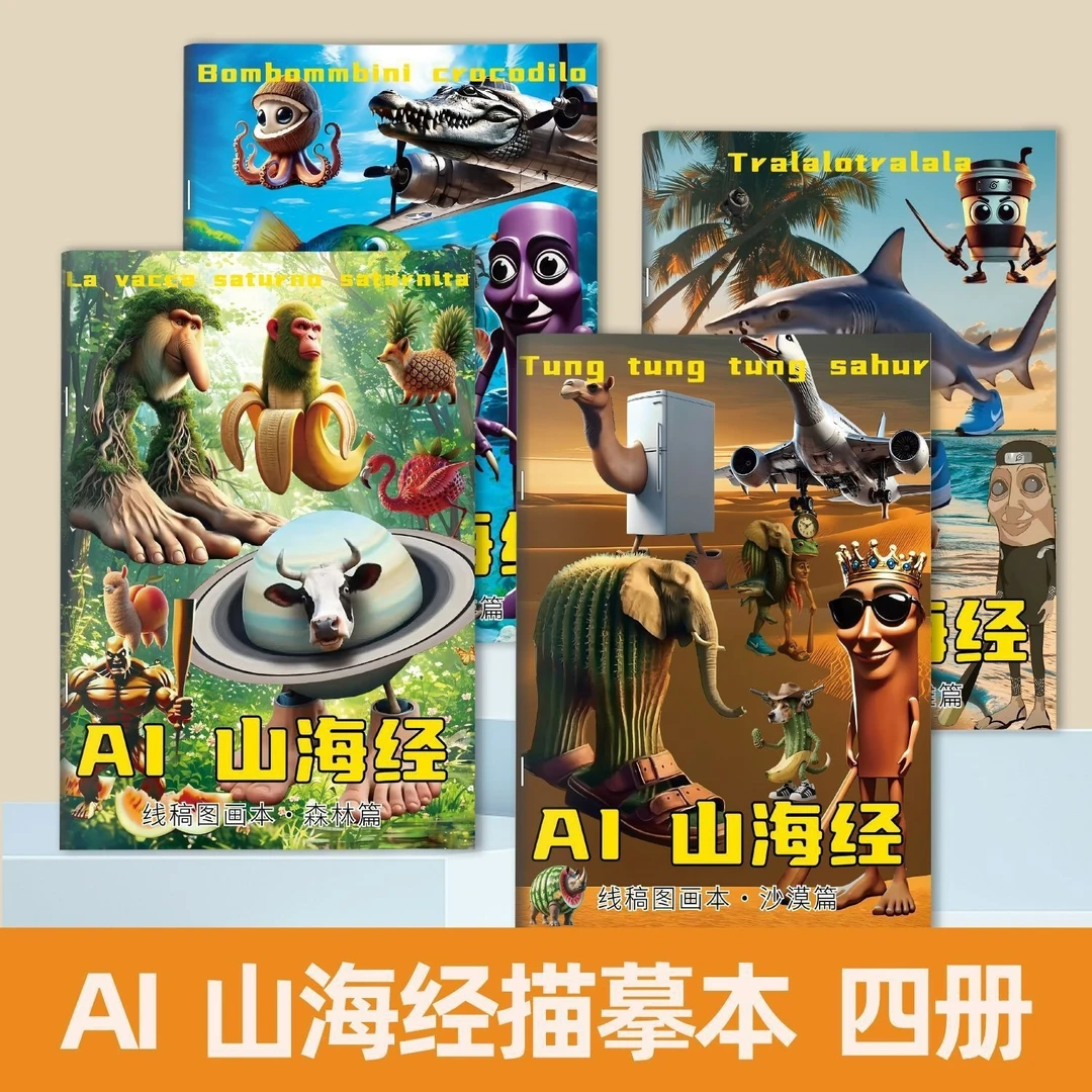 AI山海经描摹本儿童益智趣味涂色本木棍人抽象临摹创意卡通涂色本